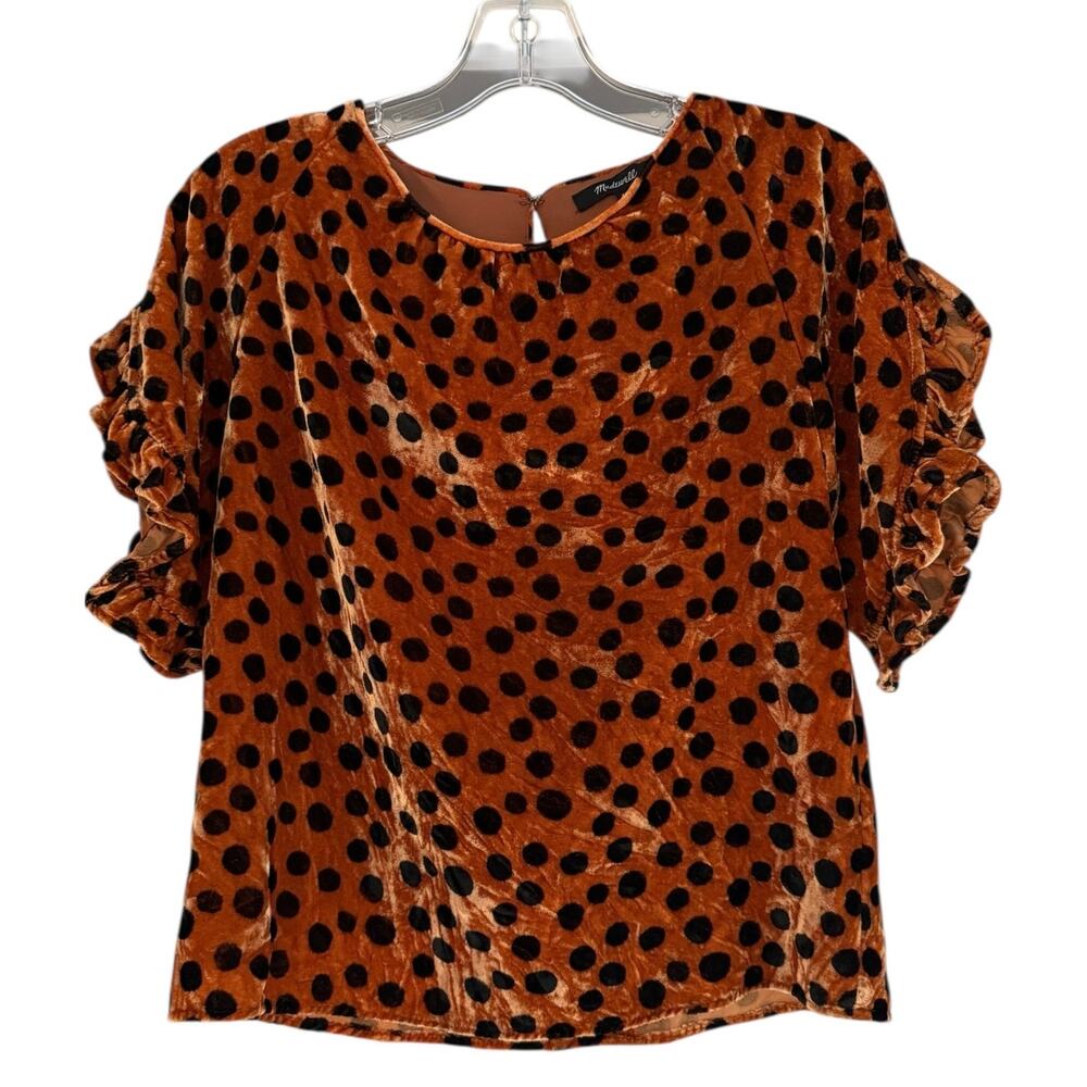 Madewell Burnt Orange Velvet Animal Print Polka Dot Ruffle Sleeve Blouse XXS